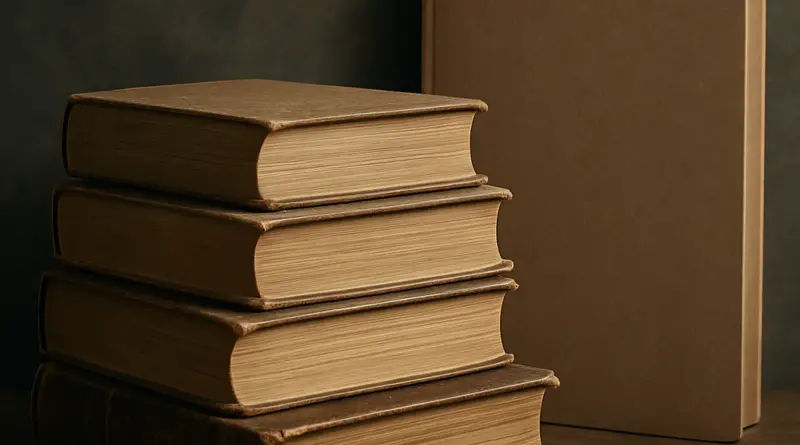 A stack of old hardcover books beside a plain folder on a wooden desk, symbolizing archived knowledge and cultural documentation.
