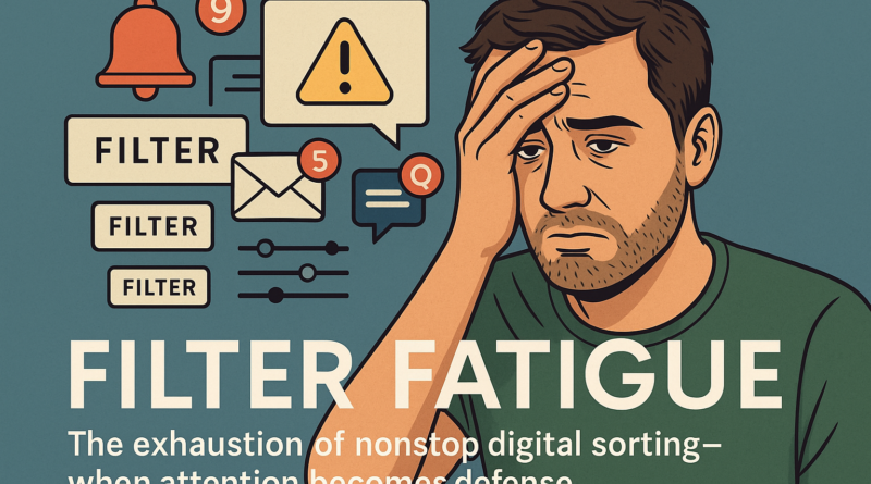 A stressed man holding his head, surrounded by digital icons like filters, alerts, emails, and sliders—illustrating the mental overload of nonstop content filtering.