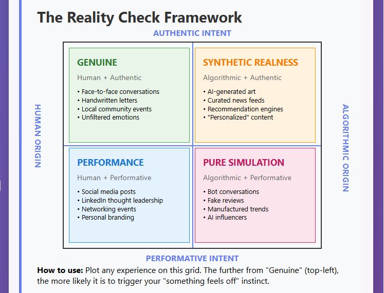 A four-quadrant grid titled “The Reality Check Framework,” showing how modern experiences fall across two axes: Human vs Algorithmic origin, and Authentic vs Performative intent. The top-left quadrant is “Genuine” (human + authentic), the top-right is “Synthetic Realness” (algorithmic + authentic), the bottom-left is “Performance” (human + performative), and the bottom-right is “Pure Simulation” (algorithmic + performative). Each quadrant includes example experiences like face-to-face conversation, AI-generated art, LinkedIn posts, and bot conversations.