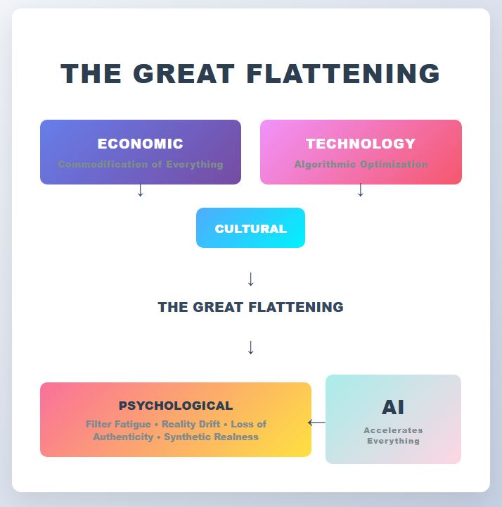 A flowchart showing how economic commodification and technological optimization lead to cultural compression, resulting in a process called “The Great Flattening.” The diagram also shows psychological consequences—such as Filter Fatigue and Synthetic Realness—and how AI further accelerates the entire system.