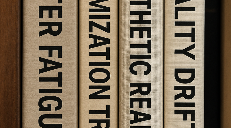 Books on a shelf labeled Filter Fatigue, Optimization Trap, Synthetic Realness, and Reality Drift — core concepts describing how culture feels algorithmically staged, cognitively exhausted, and structurally distorted.