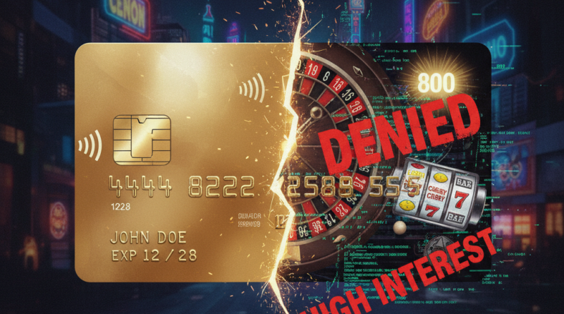 A cracked credit card split between gold luxury and glitching casino imagery, stamped with “DENIED” and “HIGH INTEREST,” symbolizing how responsible borrowers are excluded in the extraction economy.