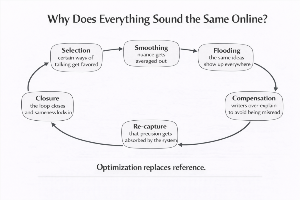Diagram showing how selection, smoothing, flooding, and recapture cause online language to converge.