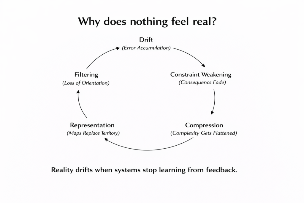 Cycle diagram explaining why reality feels unreal as drift accumulates and constraints weaken.