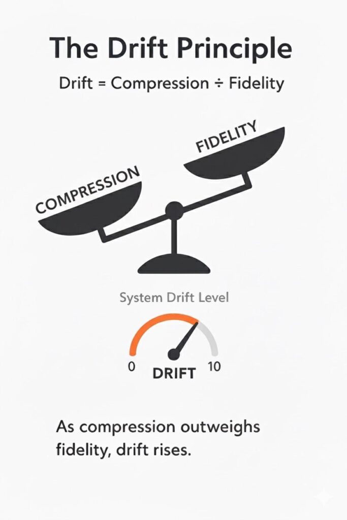 Balance scale showing compression outweighing fidelity as drift increases.