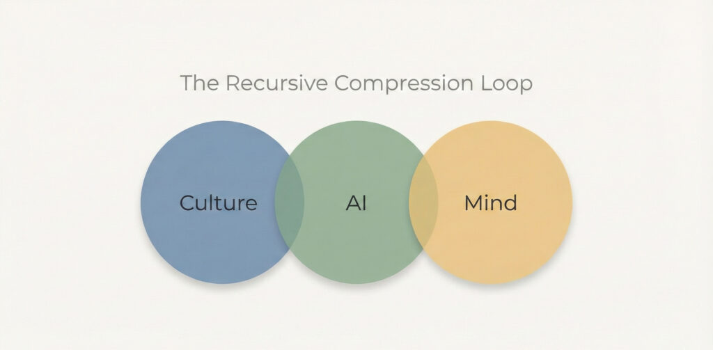 Overlapping circles labeled culture, AI, and mind showing a shared compression loop.