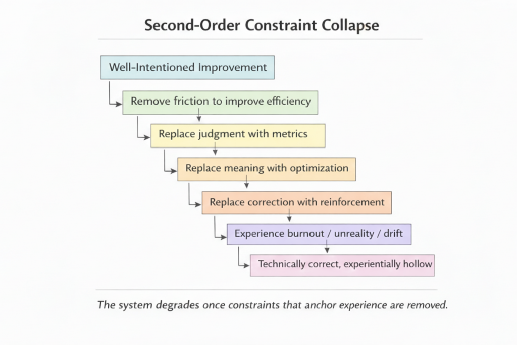 Flow diagram showing how well-intentioned optimization leads to second-order constraint collapse and experiential hollowness.