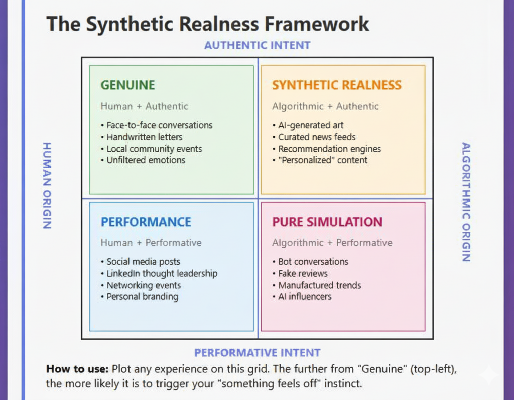 Four-quadrant grid comparing genuine, performance, synthetic realness, and pure simulation