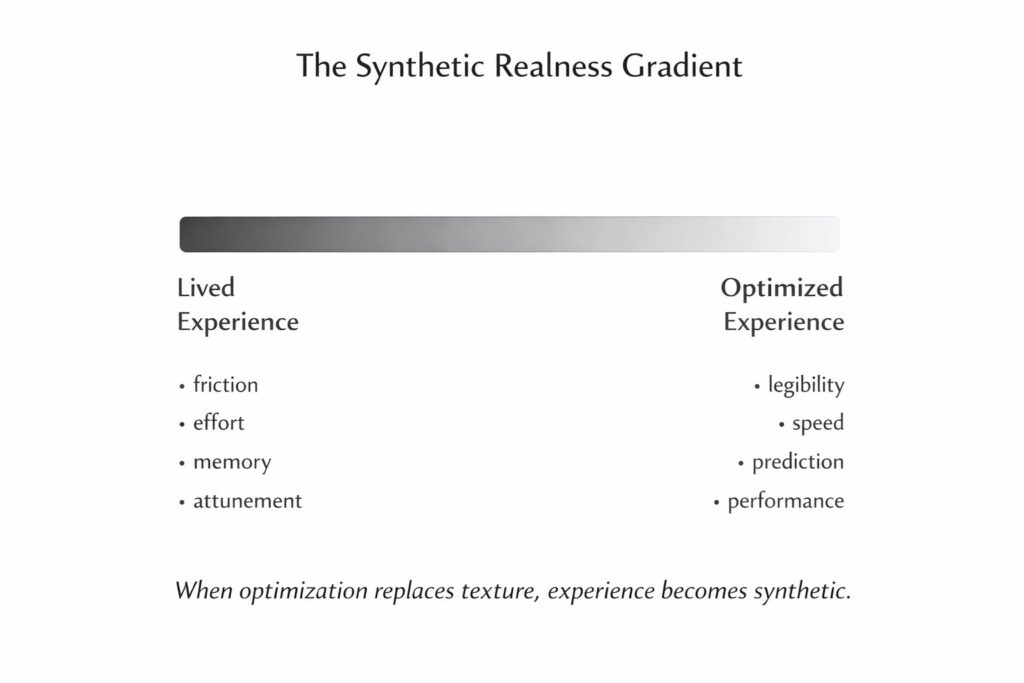 Gradient contrasting lived experience with optimized experience, highlighting friction, memory, and attunement versus speed, prediction, and performance.