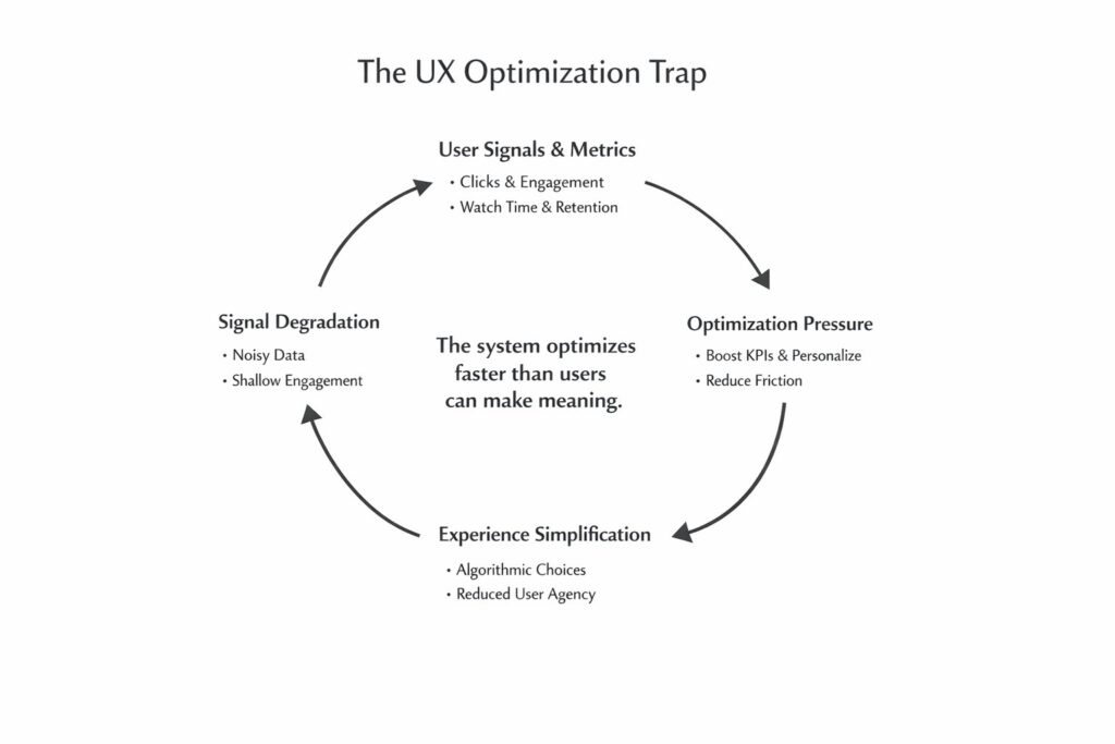 Circular diagram showing how user metrics drive optimization pressure, experience simplification, signal degradation, and feedback loops.