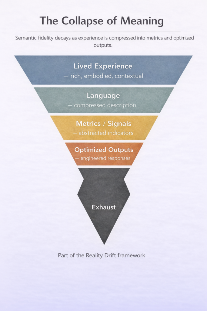 Layered diagram showing how lived experience compresses into language, metrics, and optimized outputs, resulting in loss of meaning.