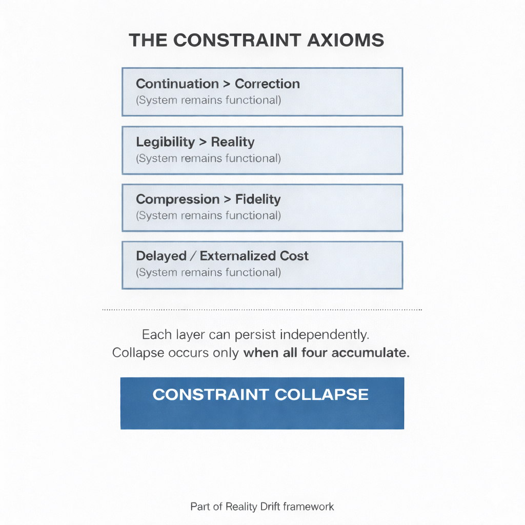Stacked framework showing continuation over correction, legibility over reality, compression over fidelity, and delayed cost.