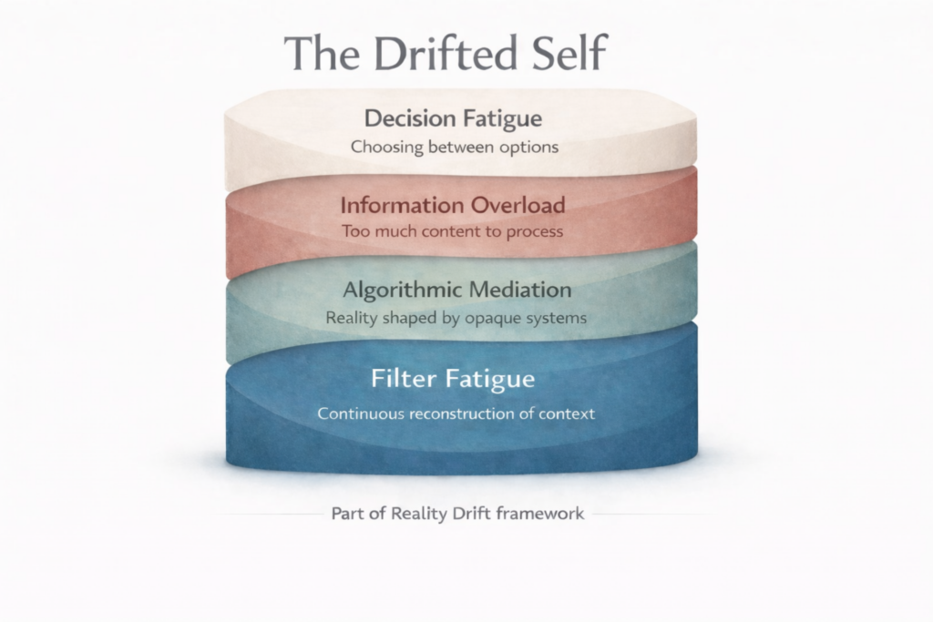 Layered model showing decision fatigue, information overload, algorithmic mediation, and filter fatigue shaping modern perception.