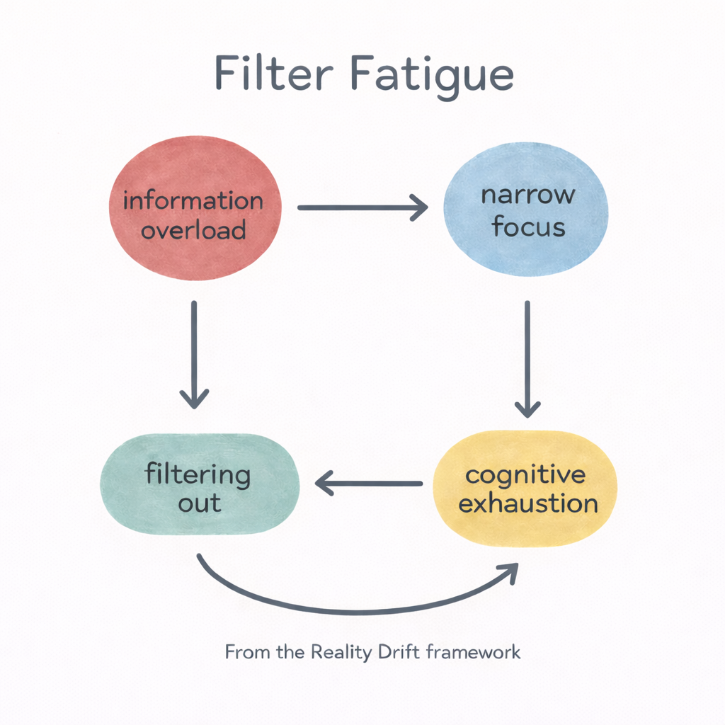 Diagram explaining filter fatigue as a cycle of information overload, narrowing focus, filtering out, and cognitive exhaustion.