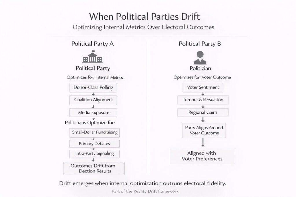 Comparison diagram showing how political systems drift when internal metrics are optimized instead of real voter outcomes.