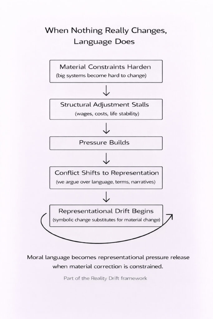 Flow diagram showing how pressure shifts from material constraints to language, causing representational drift.