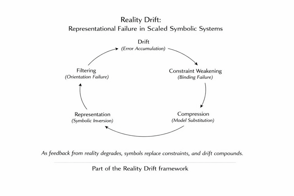 Cycle diagram showing filtering, representation, compression, and constraint weakening leading to accumulated drift.