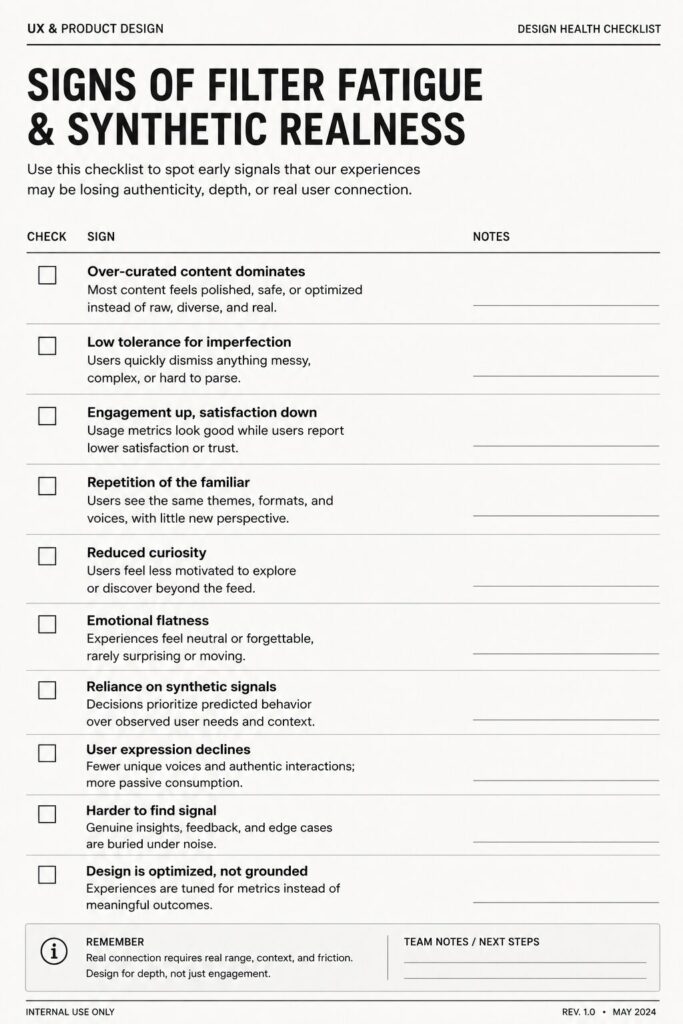 A workplace design audit form identifying signs of over-curated content, repetitive user experiences, and declining authenticity in digital systems.