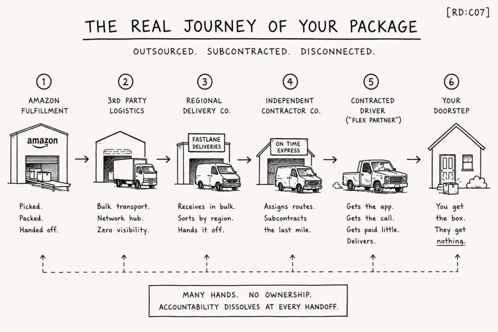 Linear delivery chain diagram showing a package passing through multiple outsourced logistics layers before reaching the customer, highlighting fragmented accountability.
