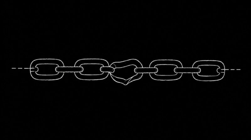 A broken metal chain link on a black background, symbolizing broken continuity, structural rupture, and failed connection.