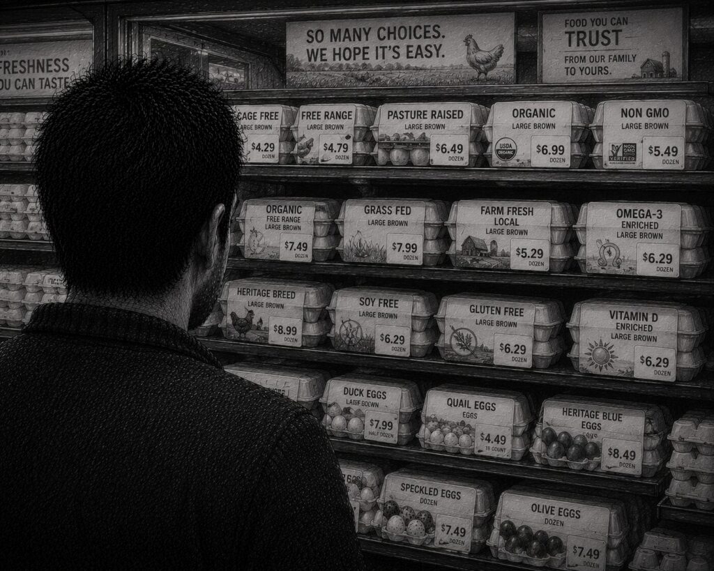 A shopper stands in front of a grocery shelf filled with dozens of nearly identical egg options, each labeled with different premium claims and certifications.