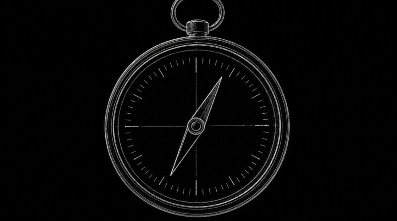 A distorted compass outlined in white on black, symbolizing lost orientation, drift, and unstable reference.