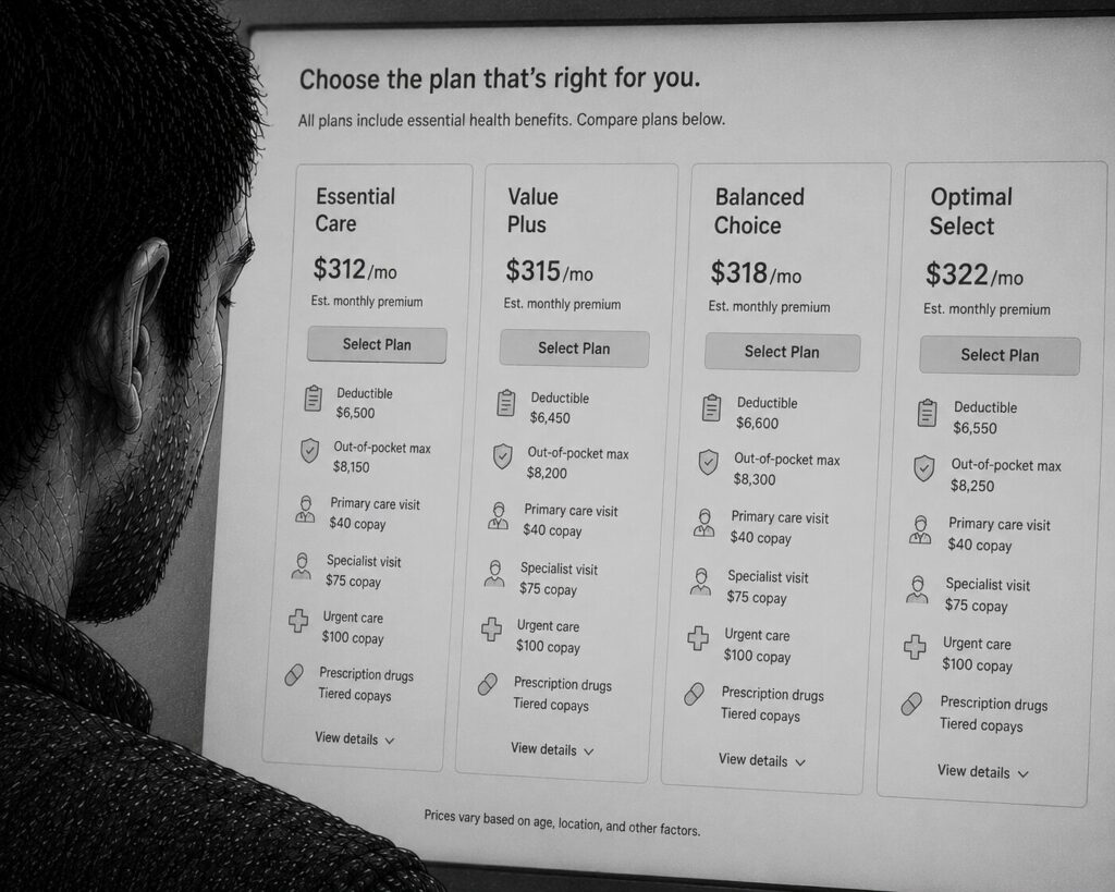 A person compares multiple health insurance plans online, each offering slightly different prices, deductibles, and benefits in a dense decision grid.