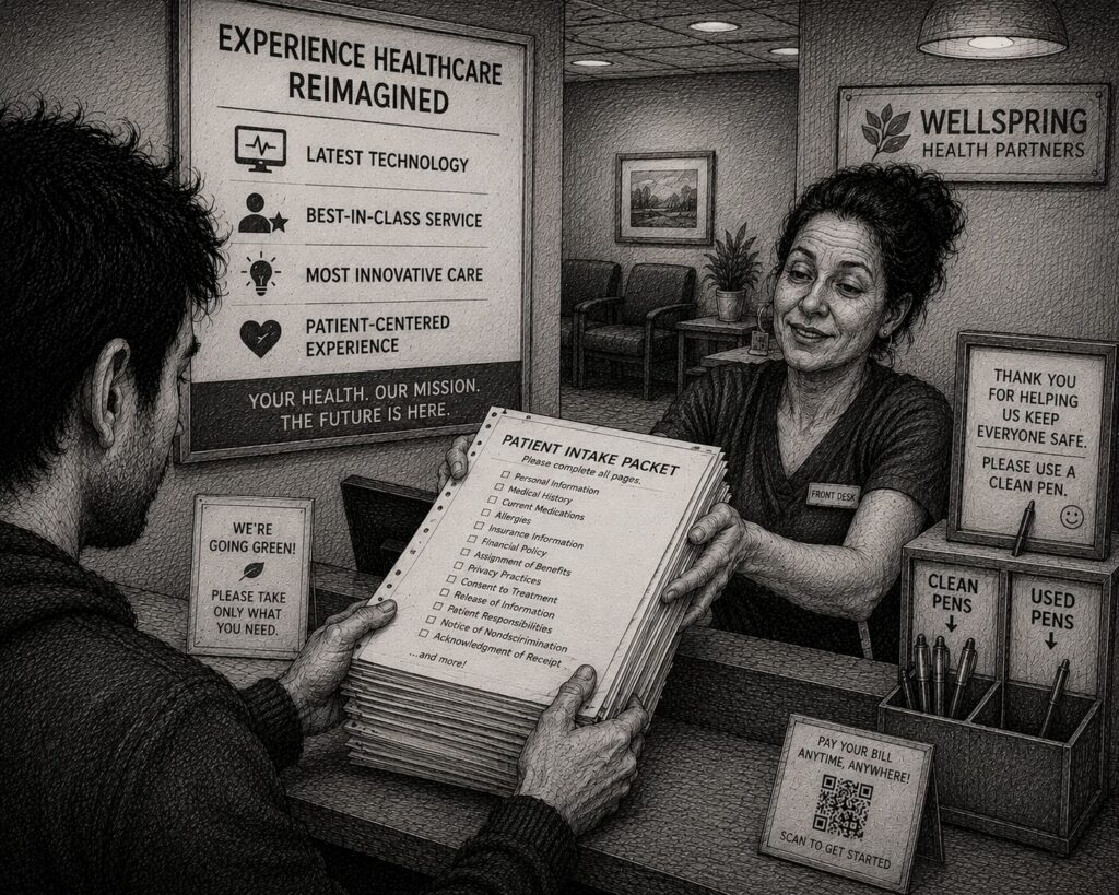A patient receives an oversized stack of intake forms at a medical office while surrounded by corporate healthcare messaging and procedural instructions.