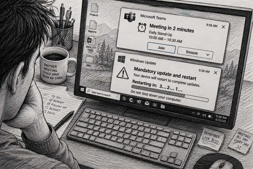 An office worker stares at a computer where a meeting reminder and a forced system update collide at the same moment, creating workflow friction.