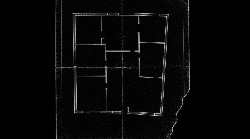 A misaligned architectural floorplan outlined in white on black, symbolizing outdated structures, inherited models, and representational drift.