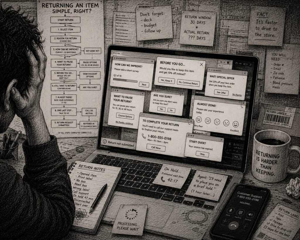 A customer attempts to return an online purchase but is trapped in a maze of popups, surveys, offers, delays, and support loops.