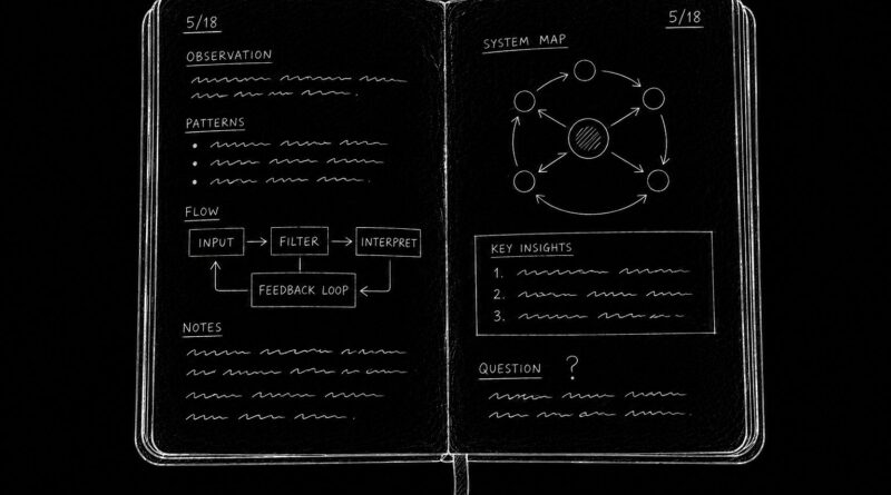 An open journal with notes, diagrams, and observational entries, symbolizing field research, direct observation, and semantic fidelity.