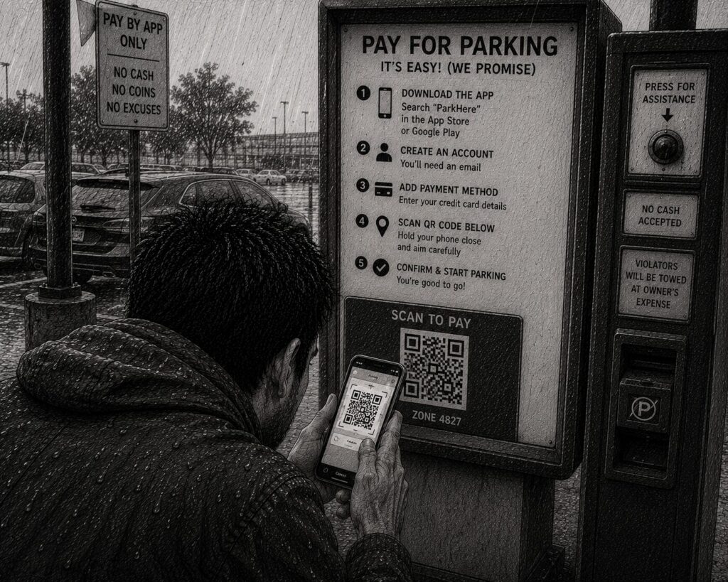 A person in the rain struggles to pay for parking at a kiosk that requires downloading an app, creating unnecessary friction for a basic task.