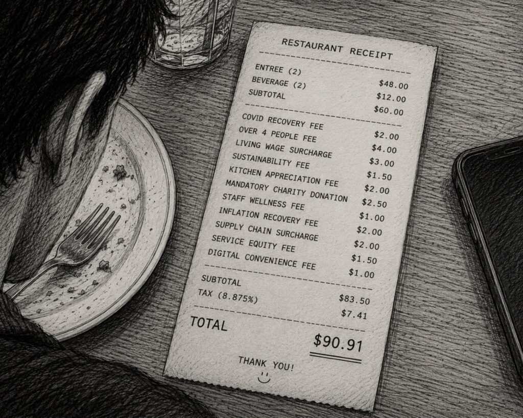 A restaurant customer looks at an itemized bill filled with multiple service fees, surcharges, and added costs layered on top of a simple meal.