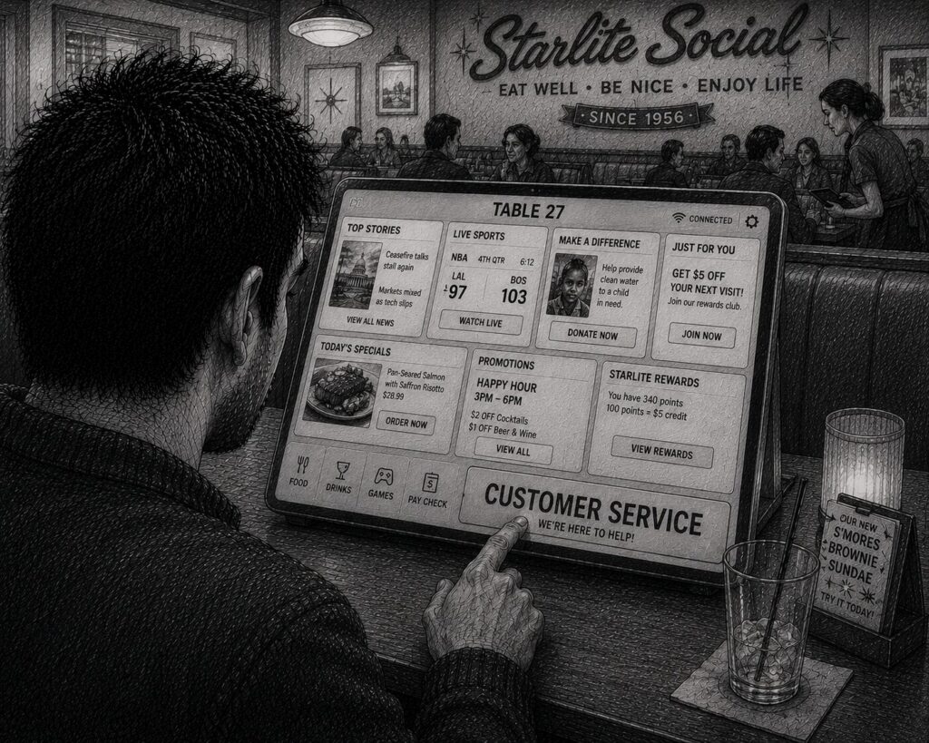 A diner sits at a restaurant table using a large digital ordering tablet crowded with promotions, rewards, news, and upsell prompts before ordering food.