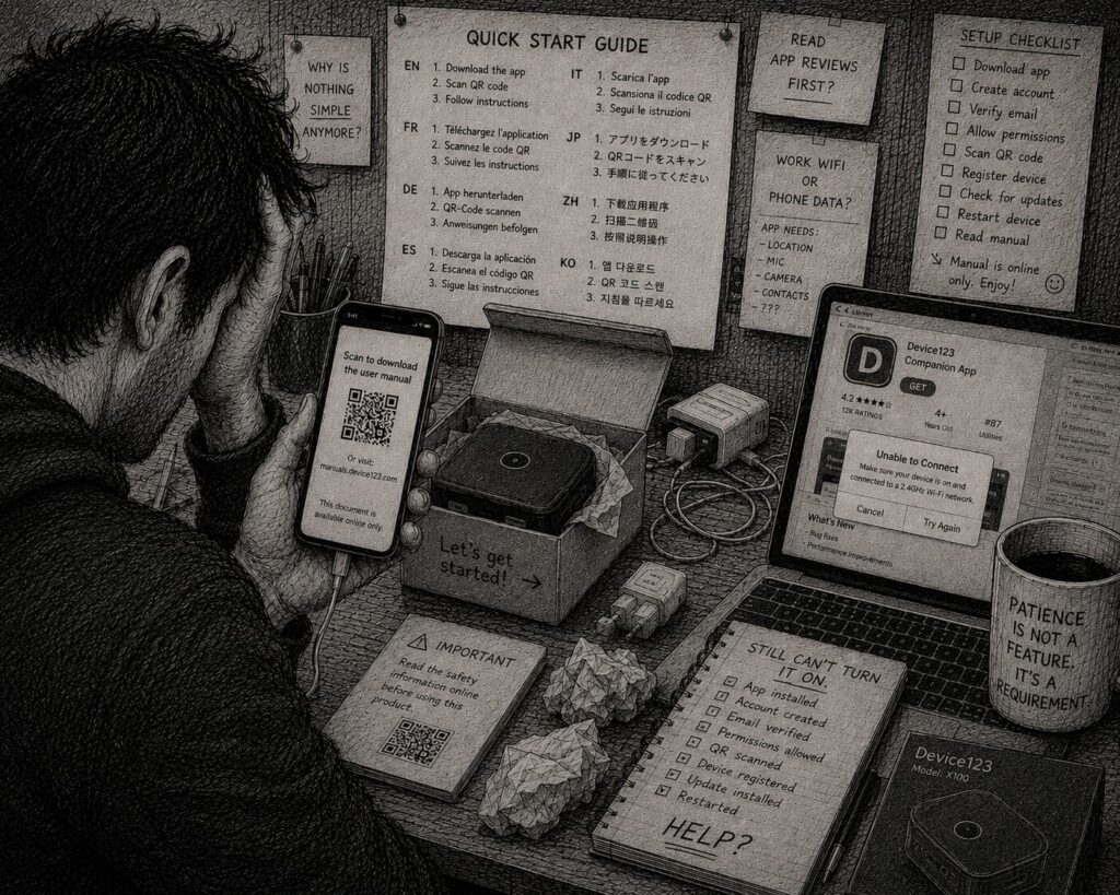 A frustrated person tries to set up a new smart device while navigating QR codes, companion apps, update prompts, and failed connection errors.
