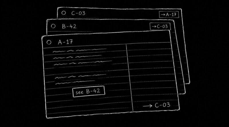 A stack of archival records and labeled files on a black background, symbolizing layered memory and recursive storage systems.