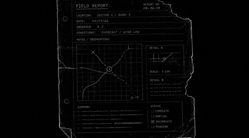 A torn field report with graph markings and partial notes, symbolizing fragmented evidence and degraded observational continuity.