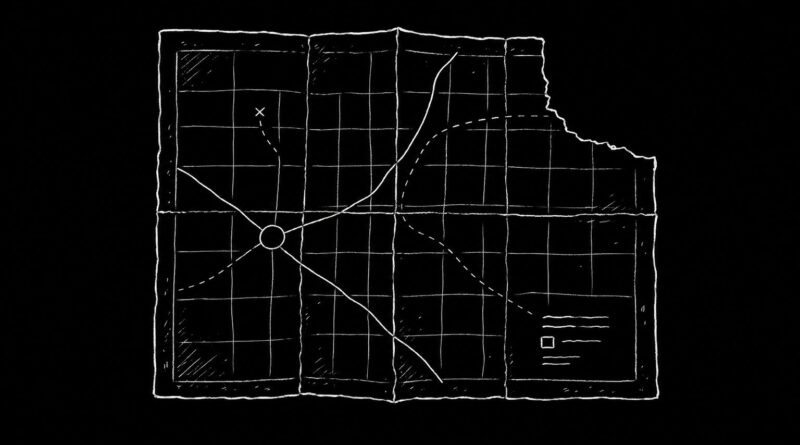 A warped grid map with fracture lines and distortions, symbolizing representational breakdown and structural drift.