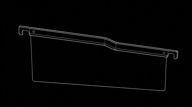 A bent hanging file folder rail outlined in white on black, symbolizing warped archival systems and degraded institutional memory.