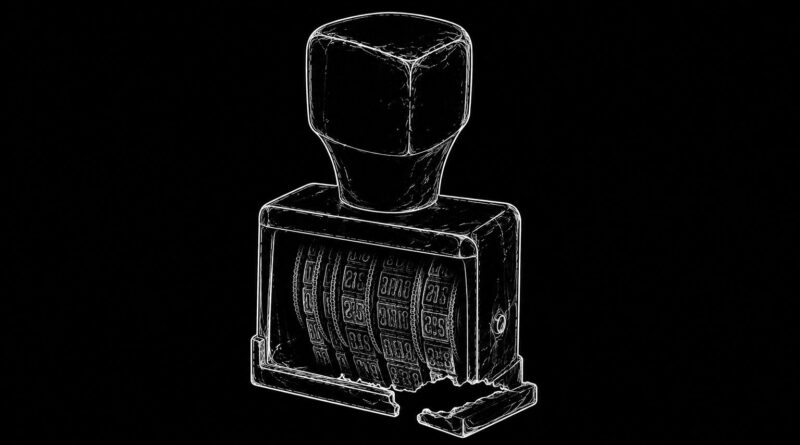 A broken office date stamper outlined in white on black, symbolizing temporal breakdown and procedural failure.