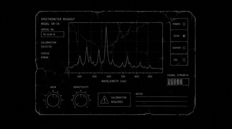 A broken spectrometer panel with graph-like output, symbolizing damaged measurement systems and degraded interpretive fidelity.
