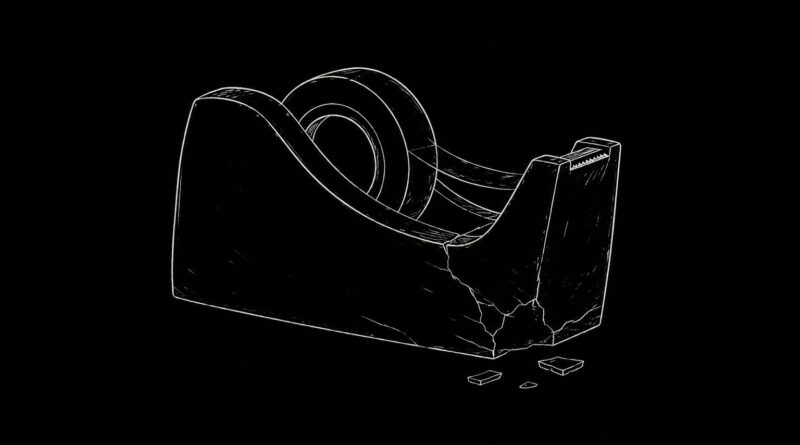 A broken tape dispenser outlined in white on black, symbolizing broken continuity, failed process, and structural collapse.