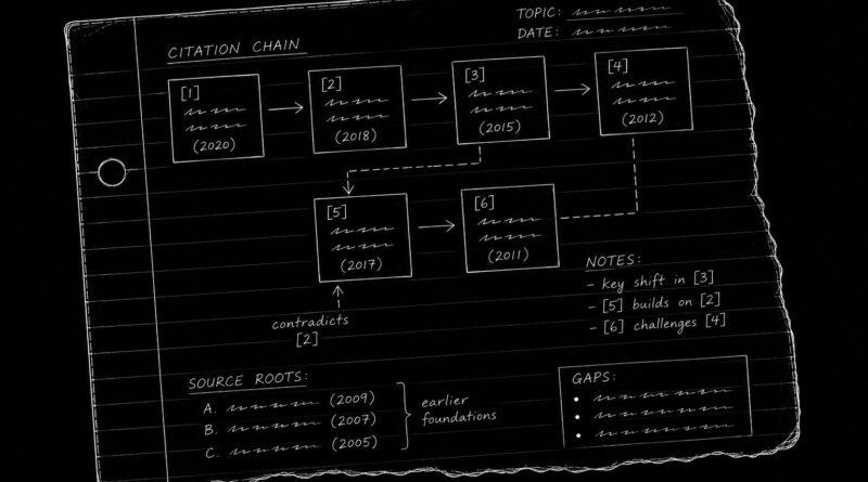 A document page with linked citation paths and references, symbolizing recursive knowledge chains and mediated information systems.