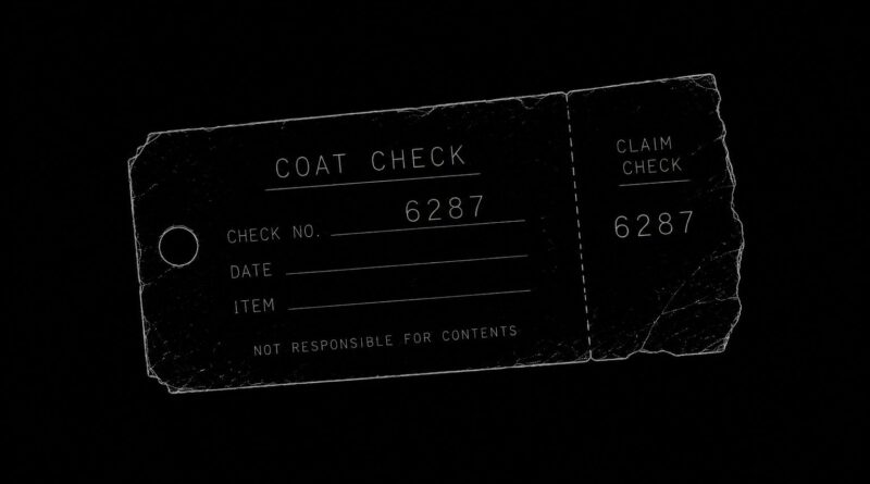 A coat check ticket outlined in white on black, representing symbolic retrieval, externalized memory, and procedural exchange.