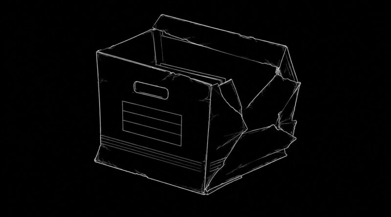 A crushed archival file box outlined in white on black, representing structural collapse and broken record systems.