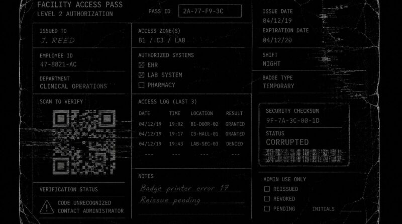 A corrupted facility access card outlined in white on black, symbolizing degraded identity systems and unstable procedural access.