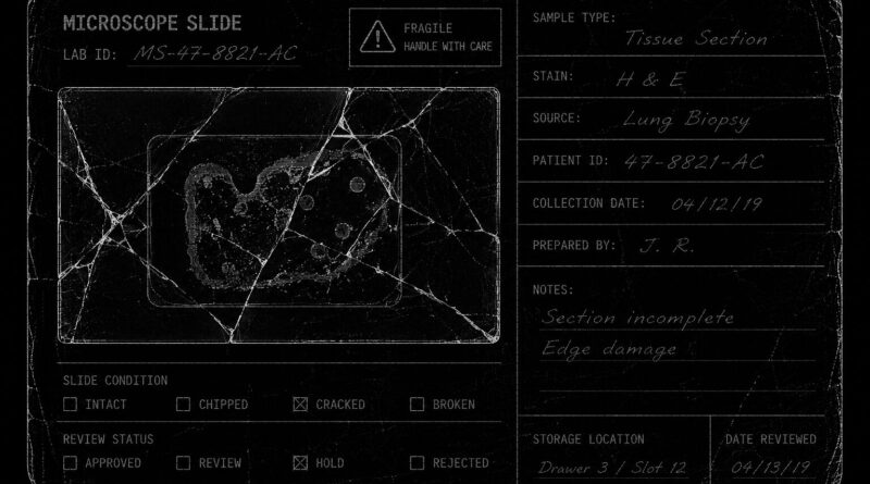 A cracked microscope slide outlined in white on black, symbolizing damaged observation, broken analysis, and fractured diagnostic fidelity.