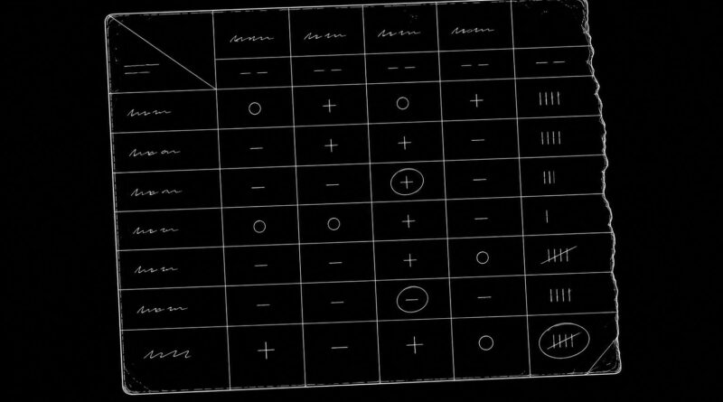 A fragmented decision grid with rows and columns, symbolizing structured evaluation and compressed judgment.