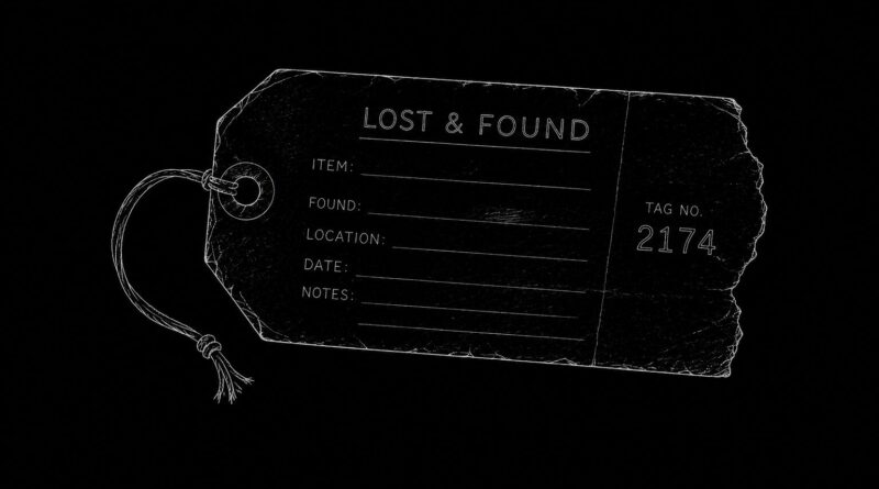 A lost and found tag outlined in white on black, representing misplaced identity, uncertain reference, and procedural tracking.